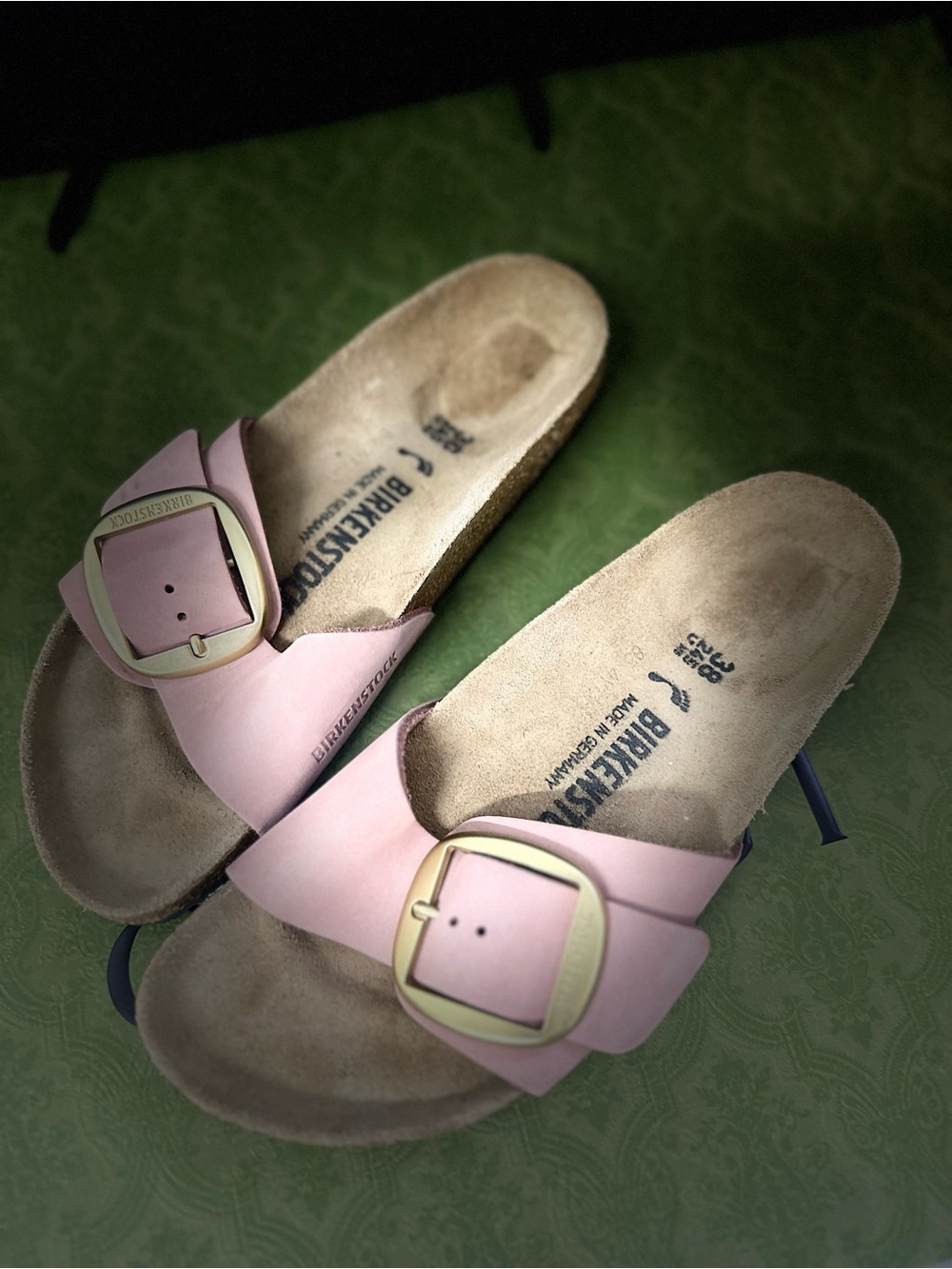 Birkenstock Madrid Single Strap Slider Sandals in Pale Pink with Gold Buckles